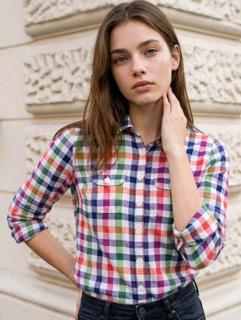 Aeropostale XS Soft Red Blue Check Plaid Button Down Long Sleeve Shirt Y2K 90s